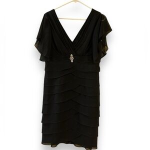 JESSICA‎ - Tiered Cocktail Dress - Rhinestone Broach plunging front back